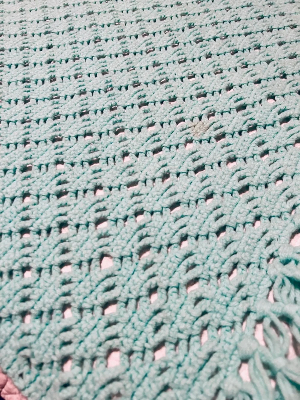 Handmade Teal Crochet Throw Blanket Afghan with Fringe